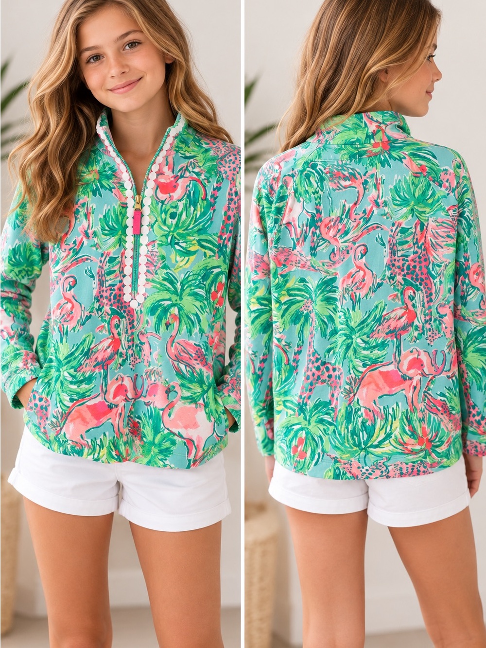 LILLY PULITZER “KIDS” Tropical Flamingo 🦩 1/2 ZIP Sweatshirt - Pink and Green - Picture 1 of 6